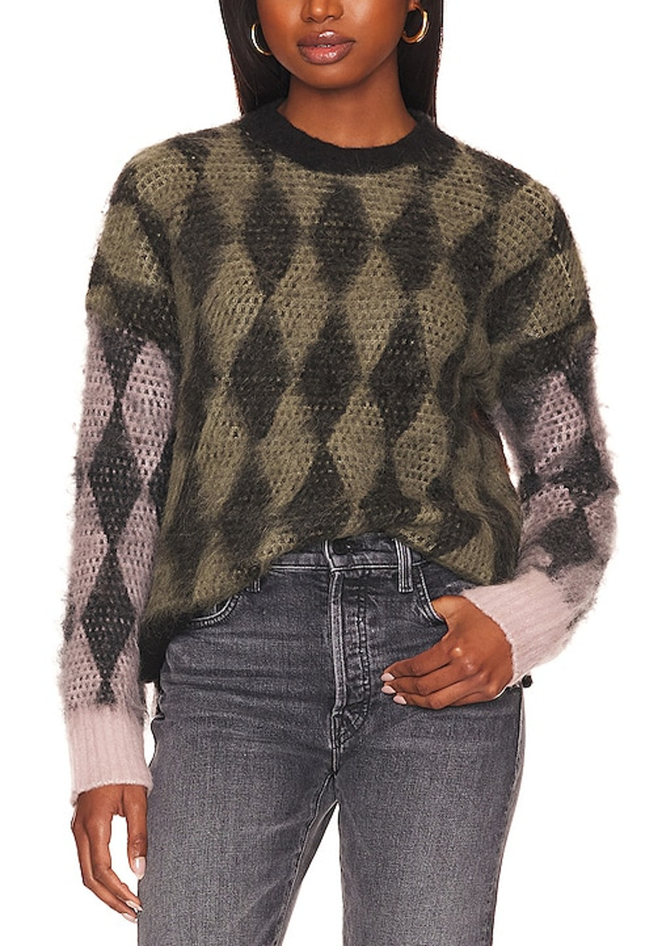 Allsaints Fuzzy Coffee Multi Diamond Crew Neck Sweater Size S